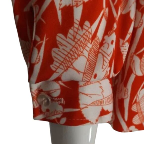 FIRE ISLANDER Vintage Blouse, M, Red-Orange/White, Sketched Floral, Long slvs - Picture 6 of 13